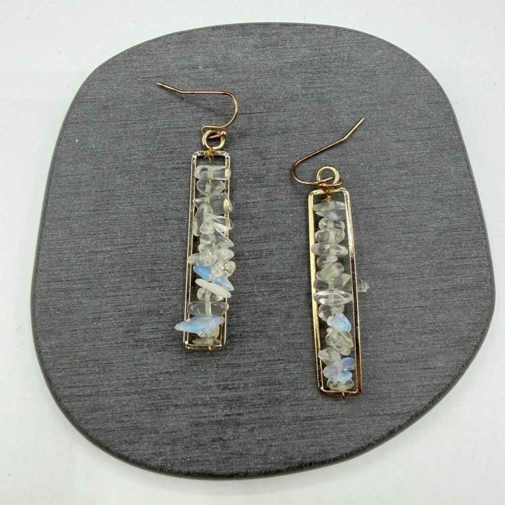 Gold Tone Clear Crystal Iridescent Chip Bar Drop Earrings Boho Statement Gift